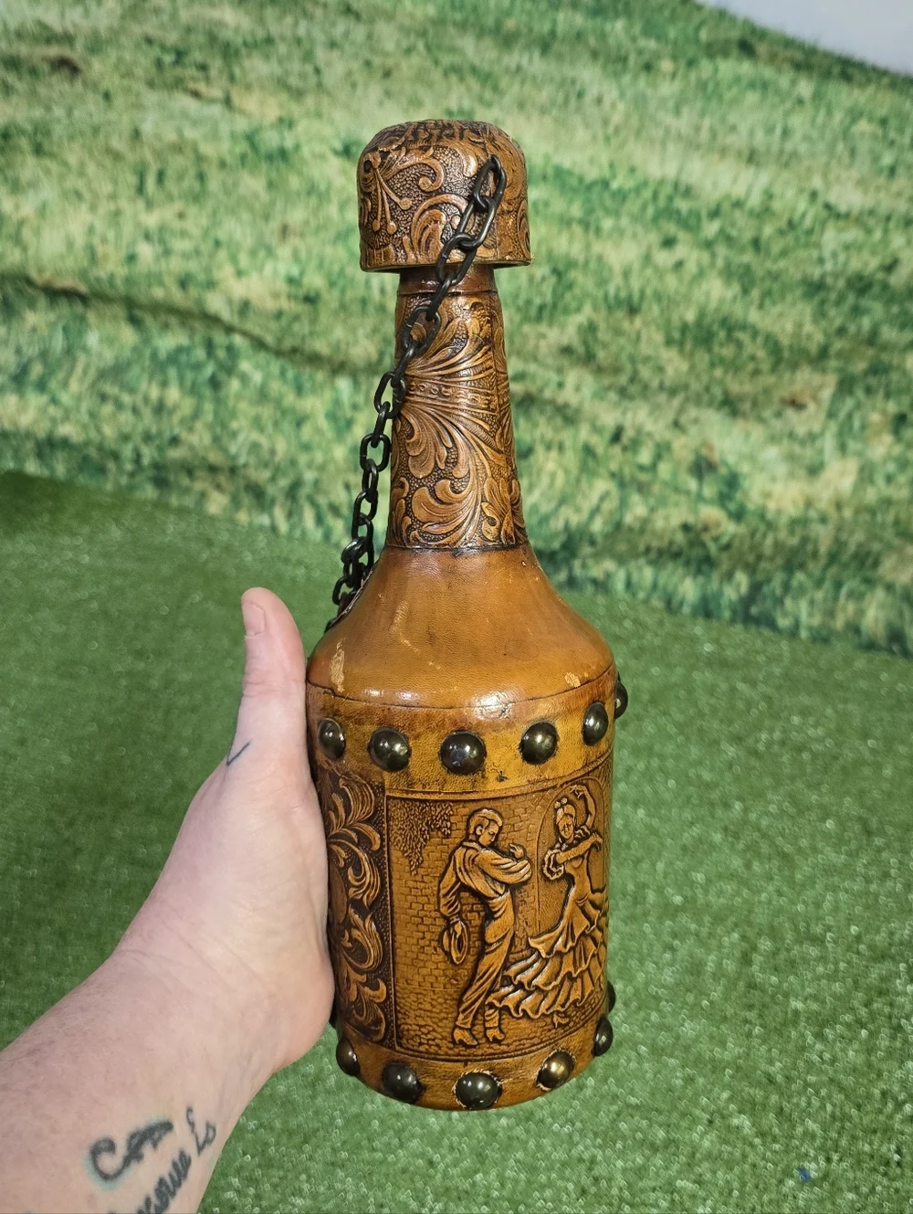 Vintage Handtooled Spanish Leather Glass Conac Decanter w Cork Plug Chain Tassel